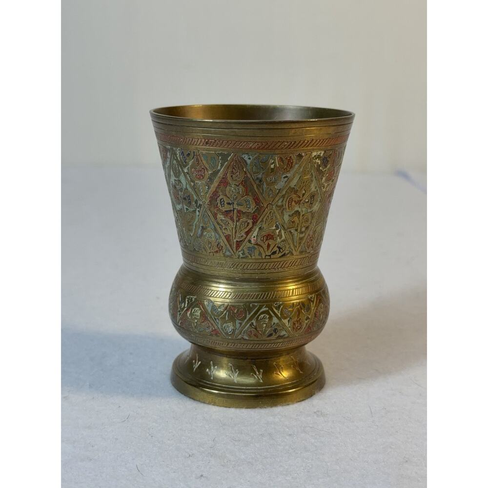 Vintage‎ Indian Brass Etched Goblet Vase Floral Enamel Decor India 4.5”